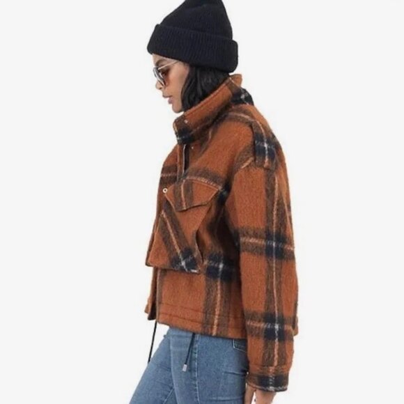 Nine West Nine West Bomber Shacket Jacket Sienna Brown Plaid Size Large - Picture 2 of 6